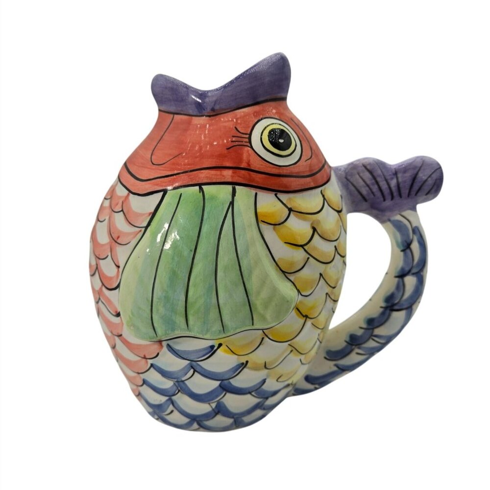 VTG WCL Koi Fish Pitcher Vase Hand-Painted Ceramic 8" Tall Coastal Beach House